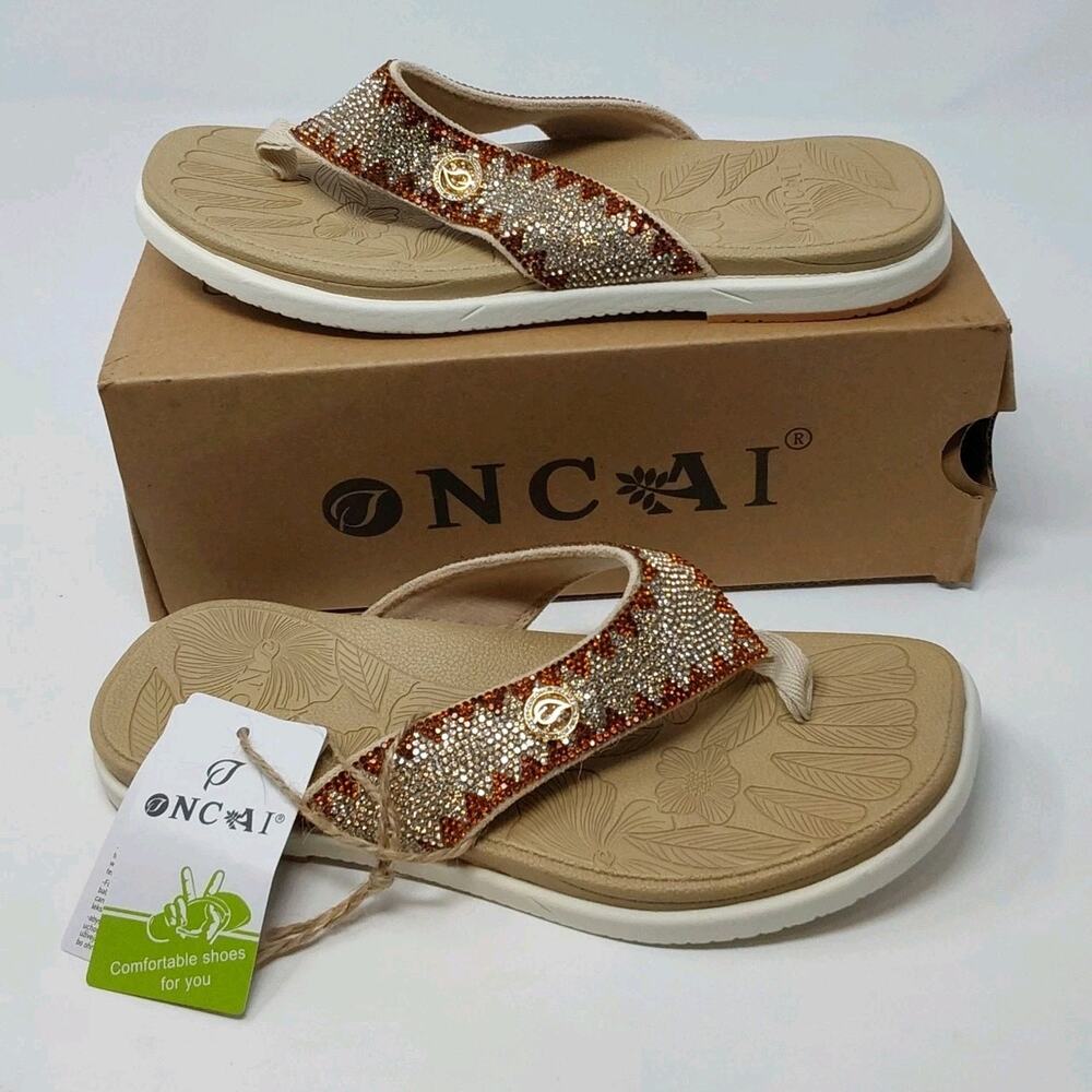 ONCAI Womens Rhinestone Flip Flops Size 7 Beige Gold Arch Support Sandals NWT